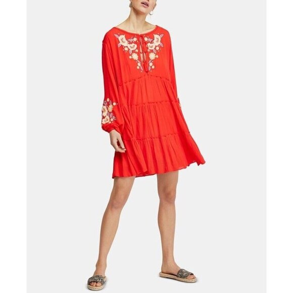 Free People Spell On You Poppy Red Floral Embroidered Peasant Dress Small Boho B - Picture 1 of 9